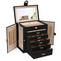 CARLA HOME 6-Layer Large Jewelry Box for Women withDrawers, Mirror, Lock, Necklace Hooks & Side Compartments for Rings, Earrings, Bracelets, Gifts (Bl