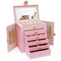 CARLA HOME 6-Layer Large Jewelry Box for Women withDrawers, Mirror, Lock, Necklace Hooks & Side Compartments for Rings, Earrings, Bracelets, Gifts (Pi