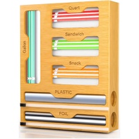 CARLA HOME 6-in-1 Bamboo Kitchen Drawer Organizer with Ziplock Bag Storage, Wrap Dispenser, Cutter for Gallon, Quart, Sandwich, Snack, Foil & Plastic 