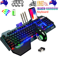 104 Keys Wireless Gaming Keyboard Mouse Set+Mouse Pad, RGB LED Backlit PC/Laptop Black-Rainbow