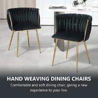 SERENITà Black Modern Hand Weaving Dining Chairs,Velvet Upholstered Side Chairs with Gold Legs, Chic Vanity Chairs with Armrest, Accent Chair for Dini