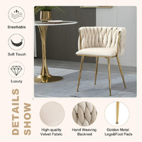 SERENITà Ivory Modern Hand Weaving Dining Chairs,Velvet Upholstered Side Chairs with Gold Legs, Chic Vanity Chairs with Armrest, Accent Chair for Dini