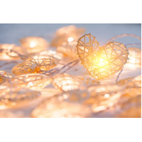 50 White 3D Hollowed Rattan Heart-Shaped 5M LONG String Fairy Lights, Battery (AA) Indoor & Outdoor Decorations Wedding Valentines Romantic Room Table