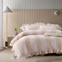 Vintage Design Homewares Candy Ruffle Green Striped Washed Cotton Quilt Cover Set Queen