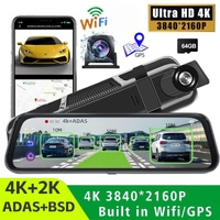 10” 4K Mirror Dash Cam, 2K Rear Camera, WiFi GPS ADAS BSD, Stream Media, 64GB Included