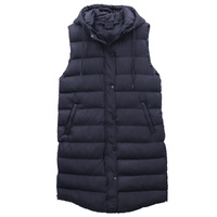 Women's Longline Padded Vest Hooded Jacket Puffer Puffy Quilted Zip Coat Gilet, Navy, 12