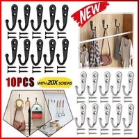 10Pcs Wall Hooks Heavy Duty Coat Hat Robe Hanger Double Hole Zinc Alloy Vintage - Black
