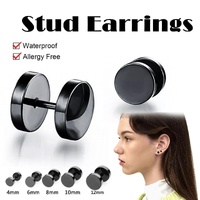 Pair Black Flat Round Barbell Plug Stud Earrings Stainless Steel Mens Gym 4-12Mm - 12mm