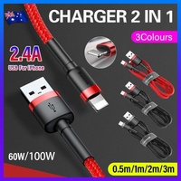 Grey Black Genuine BASEUS 2.4A USB to Lighting Charging Cable Cord for iPhone 13 12 Pro XS - 2 m