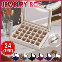 Velvet Jewelry Box Earring Organizer Display Case Storage Holder with 24 Grid - Beige