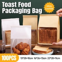 100x Kraft Paper Flat Bottom Cake Packaging Toast Bread Bags With Window Cowhide - 13X28+10CM