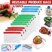 Up 15X Eco Friendly Reusable Mesh Produce Bags Superior Double Stitched Strength - 5PCS Medium Green