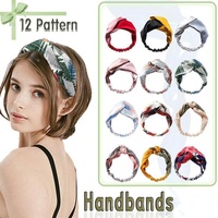 Women Chiffon Floral Print Headband Fashion Bohemian Elastic Cross Hair Bands - Beige+Green