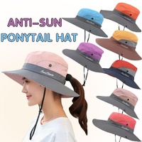 Women Wide Brim Ponytail Hat Sun Protect Visor Summer Beach Cap Anti Uv Floppy - Blue