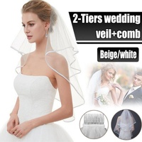 Bridal 2 Layer Wedding Veil with Comb Satin Edge Short Tulle for Women White Ivory - Beige
