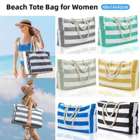 Large Bohemian Striped Canvas Beach Bag Zipper Tote for Travel Outdoor Vacation - Matcha