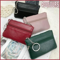 Coin Small Change Bag Card Wallet Pouch Zip Up Women Key Ring Leather Mini Purse - Black