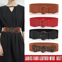 Faux Leather Cinch Waist Belt with Buckle for Women Stretch Wide Elastic Dress Belt - Black