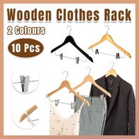 10 Pcs Wooden Non-Slip Wide Shoulder Clothes Hanger with Clip for Hotel Wardrobe - Wood