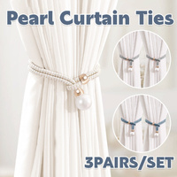 Curtain Tiebacks Pearl Strap Set 3 Pairs Decorative Buckle Holder Rings Hooks - Grey
