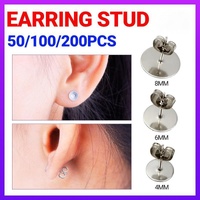 50/100/200PCS Earring Stud Posts Pads+Nut Backs Silvery Surgical Steel DIY Craft 8MM - 50PCS (50xpads&50xbacks)