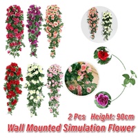 2PCS Artificial Rose Flower Garland Hanging Vine Home Wall Decor Fake Rattan - Red