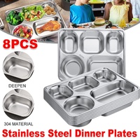 8pcs Stainless Steel Divided Dinner Plates Square Fast Food Plate for Students