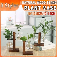 Wooden Stand Glass Flower Vase Hydroponic Hanging Plant Terrarium Container - A