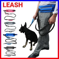 Hands Free Dog Leash Adjustable Lead with Waist Belt Bag for Walking Jogging Running - Black + Blue
