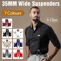 Adjustable 35mm Wide Suspenders for Men with 6 Clips Elastic Leather Braces - Grey