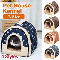 L Size Pet House Kennel Soft Igloo Beds Cave Cat Puppy Bed Warm Cushion Fold - Brown Dots
