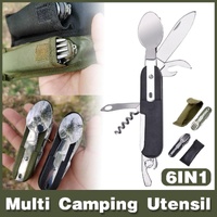 6in1 Portable Folding Knife Fork Spoon Set Outdoor Multi Functional Tableware - Black