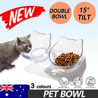 Double Cat Dog Bowl Elevated Pet Feeder Stand Raised Food Water Feeding Dish - Black+Transparency