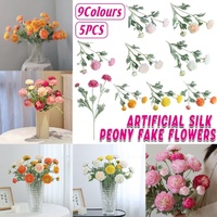 5pcs Artificial Peony Silk Flowers Bouquet Decor Faux Floral Arrangements - Purple Red