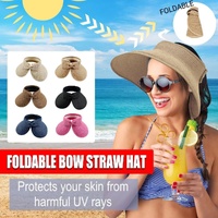 Women Roll Up Sun Visor Wide Brim Straw Hat Summer Foldable UV Protection Cap - Rose Red