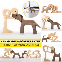Handmade Wooden Statue Sitting Family and Dog Craft Home Decor - B05