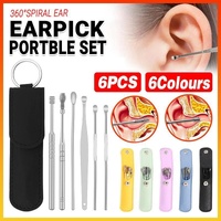 6Pcs Earpick Ear Wax Curette Ear Cleaner Remover Spoon Ear Cleaning Tool Kit - Black+Sliver