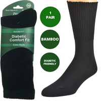 1 Pair DIABETIC BAMBOO Socks Work Socks Medical Loose Top Crew Cushion BLACK - 6-11
