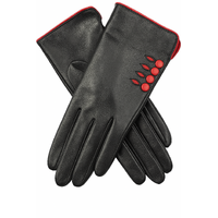 Dents Womens Leather Gloves w/ Button Detail Piped Cuff & Silk Feel Lining - Black/Berry - Medium