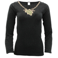 Ladies Merino Wool Blend Long Sleeve Thermal Spencer Top Thermals Underwear - Black - 10-12
