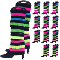 12x LEG WARMERS Knitted Womens Costume Neon Dance Party Knit 80s BULK - Rainbow with Black Stripe