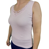 Ladies Sleeveless Singlet Top Womens Summer Basic Tank Shirt Lace Motif Front - Pink - 20-22