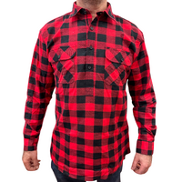 Mens Flannelette Long Sleeve Pullover Shirt 100% Cotton Flannel - Half Placket - Red/Black - M