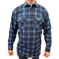 Mens Flannelette Long Sleeve Pullover Shirt 100% Cotton Flannel - Half Placket - Blue - L