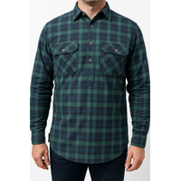 Mens Flannelette Long Sleeve Pullover Shirt 100% Cotton Flannel - Half Placket - Green/Navy - XXL
