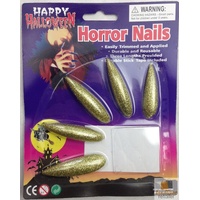 10x Long GLITTER HORROR NAILS Halloween Party Costume Accessory Vampire Witch - Gold