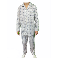 Mens Cotton Pajamas Pyjamas PJs Long Sleeve Shirt Tops + Pants Set Sleepwear - White/Blue - L