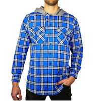Mens Cotton Flannelette Shirt w Jersey Hood Long Sleeve Flannel - Spanish Blue - XL