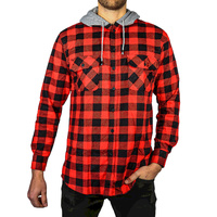 Mens Cotton Flannelette Shirt w Jersey Hood Long Sleeve Flannel - Red/Black - XL