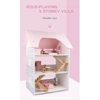Wooden DIY Dolls Doll House 3 Level Kids Pretend Play Toys Full Furniture Set Pink